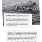 "The Flying Scotsman". Ein klassischer Zug Großbritanniens mit ereignisreicher Geschichte. Zwei Textblöcke, s/w Foto des Zugs.