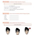 Texte: "Wortschatz", "Übung 1-3", lateinische Fragewörter, Begriffe und Verben. Illustrationen von Gesichtsausdrücken.