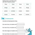 Seite 32, Reimaufgabe: Finde das unpassende Wort. Zaubersprüche vervollständigen. Zeichnung eines Zauberers.