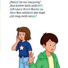 Texte: „Hab keine Angst... Ich mag nicht reiten.“ Zwei Kinder, eins trägt blaues Shirt mit Stern, anderes trägt grüne Jacke.