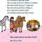 Elsa striegelt Pferde, Snoopy knabbert am Haar. Daneben Illustration von drei Personen am gedeckten Tisch. Auswahlfrage zu "Abendbrot".