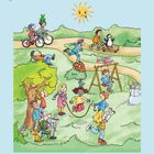 Text oben: „Finde 10 verrückte Fehler, die in der Wirklichkeit nicht sein können. Kreise sie ein.“  
Illustration: Kinder spielen in einem Park.