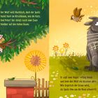 Links: "Der Wolf will Nachtisch, doch der Spatz...", Junge im Baum mit Katze und Spatz. Rechts: Wolf mit Noten und fliegendem Vogel.