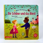 "Die Schöne und das Biest" ist ein Kinderbuch von Maurice Ravel. Illustration zeigt Frau mit Rose, Biest vor Schloss.