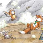 Text: „Kaum ist der Krawall verklungen, sind schon alle aufgesprungen. Jeder freut sich, grinst und lacht...“

Eine Illustration zeigt einen lachenden Fuchs, eine Eule im Flug, eine Maus und andere Tiere freudig versammelt.