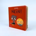 "Ket & Keks NEIN!", Illustration von zwei comicartigen Figuren, eine Katze und ein Keks, auf rotem Hintergrund.