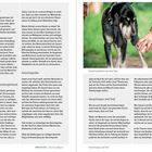 Zwei Seiten eines Buches über Mantrailing. Linke Seite: Text über Mantrailing und Geruchsproben. Rechte Seite: Hund schnüffelt an Glas.