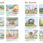 Die Ankunft. Boris schwimmt in einem Fluss, gefolgt von einer Eule. Die Störche. Boris beobachtet Störche und schläft in einem Reifen.