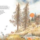 Text beschreibt einen Bach in einer malerischen Landschaft. Illustration zeigt Bäume, Tiere, Berge und eine orangefarbene Sonne.