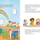 Text über einer gemalten Szene mit Regenbogen: Ein Klassenraum mit Stühlen, Tischen, einer Uhr und lachenden Kindern.