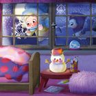 „Und jeden Wunsch den frier ich ein...“ Zwei Kinder schlafen friedlich, ein Schneemann-Licht strahlt warm, ein Pinguin-Spielzeug ruht.