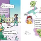 Links: "Klaro. Bis der Akku leer ist. Am Zaun ist jemand. Frau Wiso mit Wotan." Kind mit grünem Wesen.

Rechts: "Hihi! Das kann ich nicht gut. Das muss ich noch üben."