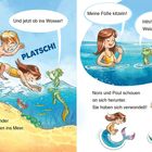 Zwei Kinder springen ins Meer. Platsch! Sie verwandeln sich in Meerjungwesen. Gespräch mit einer grünen Kreatur.