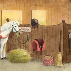 Text: "Wunder", "Zurück im Stall, ganz ruhig im Stroh,", "umarme ich dich und bin froh." Illustration: Mädchen umarmt ein Pferd im Stall.