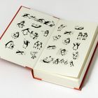Ein aufgeschlagenes Buch zeigt Illustrationen von Pinguinen in verschiedenen Aktivitäten auf zwei Seiten.