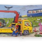 Illustration eines Traktors auf einem Abschleppwagen, umgeben von Tieren, die aktiv sind. Ein Bus fährt im Hintergrund.