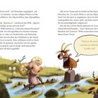 Ein Schaf und eine Ziege sprechen über Träume auf einer Wiese mit einem Bach. Sprechblase: "Träumst du auch manchmal schlecht? Erzähl mal!"