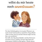 Text: "Welche eine Sache willst du mir heute noch anvertrauen?" Illustration: Kind flüstert einer Frau ins Ohr.