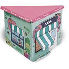 "Café" auf einem Schild. Illustration eines kleinen Gebäudes mit rosa Dach, Markise, Fenster und Dekorationen mit Blumen und Bienen.