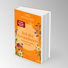 Buchtitel: "Zeit der Freundinnen". Autorin: Tanja Huthmacher. Orangefarbene Abdeckung mit Blumenillustrationen.