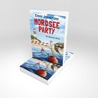 Text: "Emmi Johannsen MORDSEE PARTY Ein Borkum-Krimi" Buchcover mit Möwe auf Boje, Hintergrund Strand und Leuchtturm.