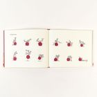 Text: "Entspannung." Elf Illustrationen einer Person, die auf einem roten Ball balanciert und turnt.