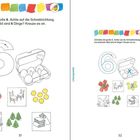 Links: "Schreibe die große 6." Sechs Eier im Karton. Erdbeeren, Stühle, gelbe Kreise. Rechts: Lösungen markiert.