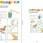 "Wie viele Silben haben die Wörter? Ziehe für jede Silbe einen Strich." Illustrationen von Tieren, Obst und Objekten.