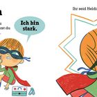 "Stark sein. Denk daran, dass du stark bist. Ihr seid Heldinnen und Helden!" Illustration von Kindern als Superhelden.