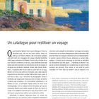 "Un catalogue pour restituer un voyage" und Text über Gabriele Münter in Tunis. Illustration eines bunten Gebäudes am Meer.