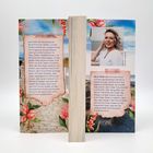 Links: Beschreibung über Lena, Salzluft, Insel Langenoog, Tees und Rat. Rechts oben: Portrait einer lächelnden Frau. Unten rechts: Infos über Nele Fries, Familie, Apotheke, Themen ihrer Geschichten. Bunter Blumenrand.