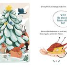 Links steht ein geschmückter Baum mit Tieren, rechts Biene Agatha mit Mütze. Text: "Willi! Wo bist du? Komm sofort her!"