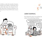 Tag 2. Liebes Tagebuch, beim Frühstück hat Miau Gary und Elaine bei Wissenschaftsdingen geholfen. Illustration: Menschen und Katze am Laptop. Links jemand mit Hund auf Sofa mit Buch.