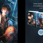 Logo mit Büchern: "Be a Light in the Dark Sea", "Erscheint im Oktober 2026", "Erscheint im Januar 2027", "Erscheint im Februar 2027". Ein junger Mann mit Laterne und Stofftier in einer Unterwasserstation.
