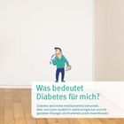 Text: "Was bedeutet Diabetes für mich? Diabetes wird meist medikamentös behandelt. Aber man kann zusätzlich selbst einiges tun und mit gezielten Übungen die Krankheit positiv beeinflussen." Eine Illustration einer Person, die einen Apfel isst.