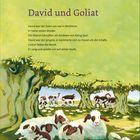 Text über David und Goliat, David war der Sohn von Isai. Unten liegen Schafe unter Bäumen in einer grünen Landschaft.