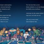 Text beschreibt eine Minigolf-Szene. Kinder spielen in einer fantasievollen Umgebung mit Neonlichtern. Links finden sich Planeten-Motive.