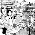 Wegweiserschilder: "Bertis Bücher 600 m", "Ausflugsschiff Anneliese 50 m", "Fischereibedarf Peters 100 m". Drei Kinder essen Eis und Pommes, umgeben von Möwen nahe am Wasser.