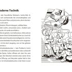 "Moderne Technik" lautet die Überschrift. Ein Roboter serviert Kuchen an drei lachende Kinder, die Getränke halten.