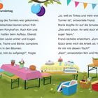 "Der Turniertag" beschreibt Vorbereitungen für ein Turnier. Picknicktische mit Tischdecken, Kuchen, Brot und Dekorationen.