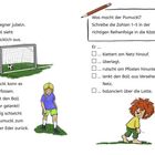 Links: Ein Fußballtor mit Ball und ein trauriges Mädchen. Rechts: Fragen über Pumuckl und eine Liste von Aktivitäten.