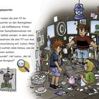 Illustration: Drei Jungen in einem chaotischen Raum voller Gegenstände, sie suchen nach einem Fernglas.