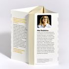 Ein aufgeschlagenes Buch, mit gelbem Text "Das überraschend einfache Geheimnis...". Rechts ein Porträtfoto von Mel Robbins.