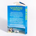 Rückseite eines Buches: "Du kannst die Welt nicht ändern, aber du kannst für jemanden die Welt verändern." Hund am Strand.