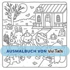 AUFMALBUCH VON ViviTinta. Illustration von Tieren in Halloweenkostümen vor einem Haus mit Kürbissen.