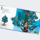 "An einer Buntspechthöhle klopfen 6 Höhenbauspechte Tag für Tag, tack, tack, tack." Baum mit Spechten, Werkzeugen.