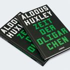 Buchcover mit weißer Aufschrift „ALDOUS HUXLEY“ und grüner „ZEIT DER OLIGARCHEN“ auf schwarzem Hintergrund.