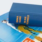 Buchtitel: "EMMA CLINE IN DIE SCHWEIZ". Ein blaues Buch liegt auf einem Gemälde mit blauen und ockerfarbenen Tönen.