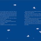Buchseiten mit Text über einen feiernden Goldfisch, der Technomusik hört. Kleine, lustige Fischillustrationen sind verteilt.