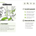 Text: "Stress kann mich mal! Gähnen. So wird's gemacht. Das bringt's. Wann und wie oft." Illustration: Person gähnt, Katze dehnt sich.